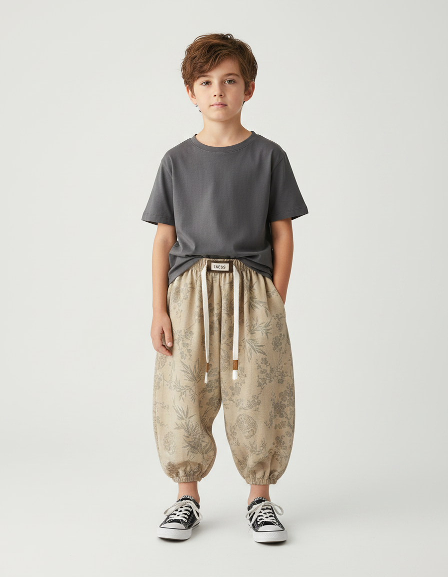 Pantalon Fluide Imprimé Feuillage - Beige Coton
