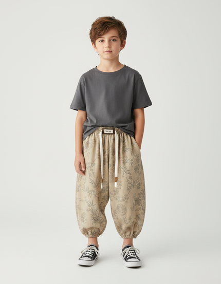 Pantalon Fluide Imprimé Feuillage - Beige Coton