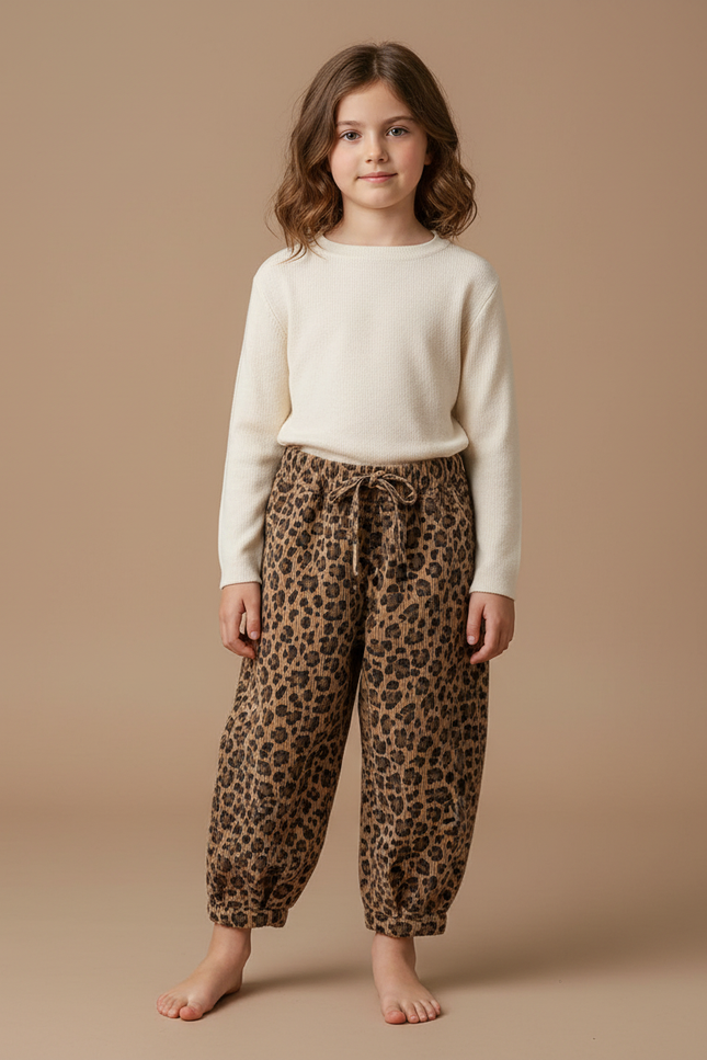 Pantalon Fluide Léopard Marron Ample Coton Enfant - Imprimé Cordé