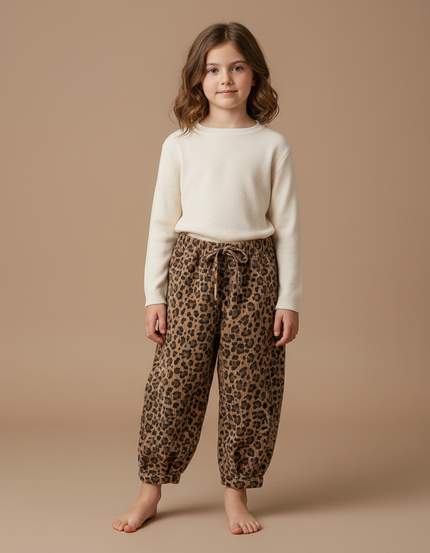Pantalon Fluide Léopard Marron Ample Coton Enfant - Imprimé Cordé