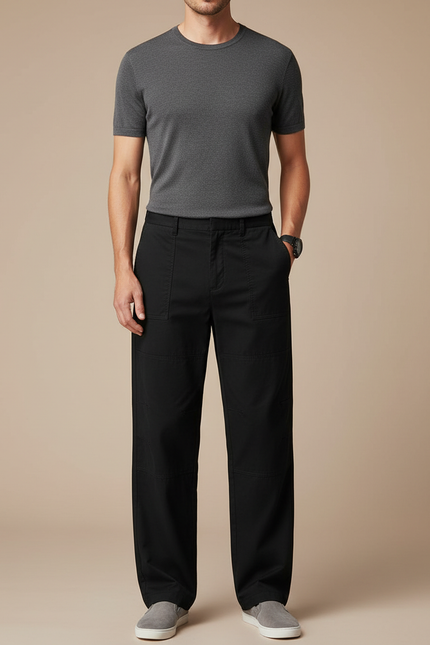Pantalon Fluide Noir Ample Cargo Coton Homme