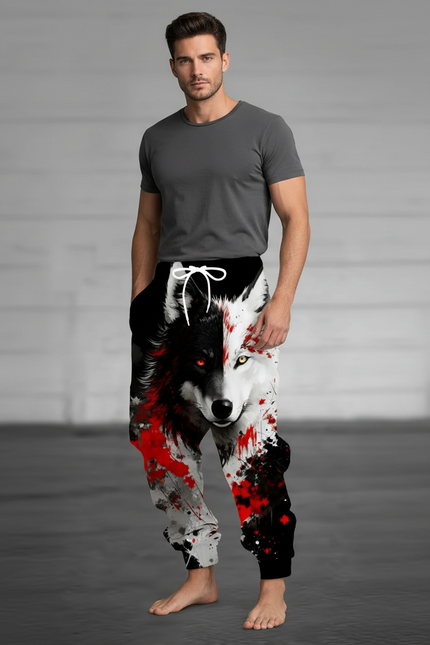 Pantalon Fluide Noir Ample Imprimé Loup Bicolore Homme - Multicolore Molleton