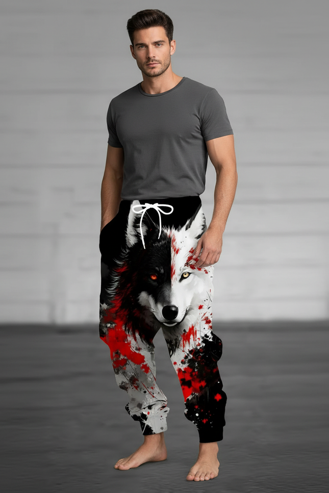 Pantalon Fluide Noir Ample Imprimé Loup Bicolore Homme - Multicolore Molleton