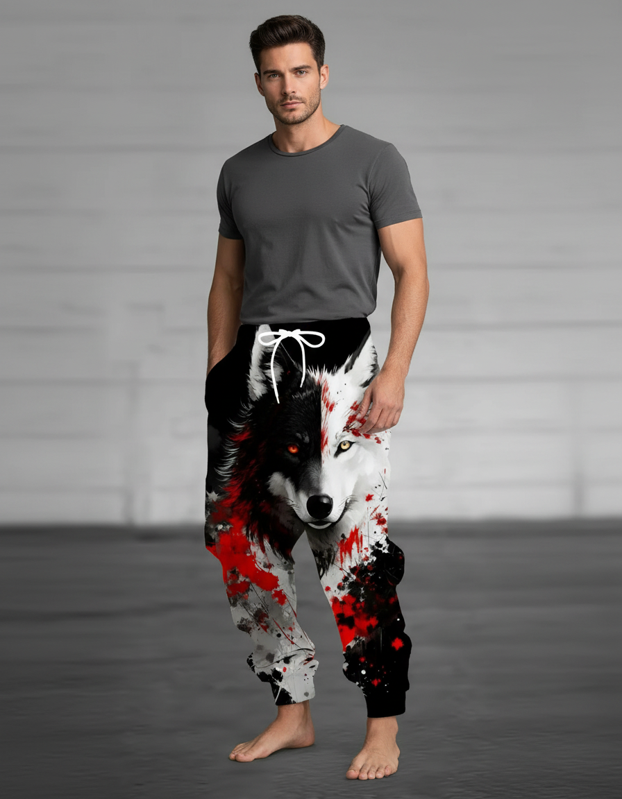 Pantalon Fluide Noir Ample Imprimé Loup Bicolore Homme - Multicolore Molleton