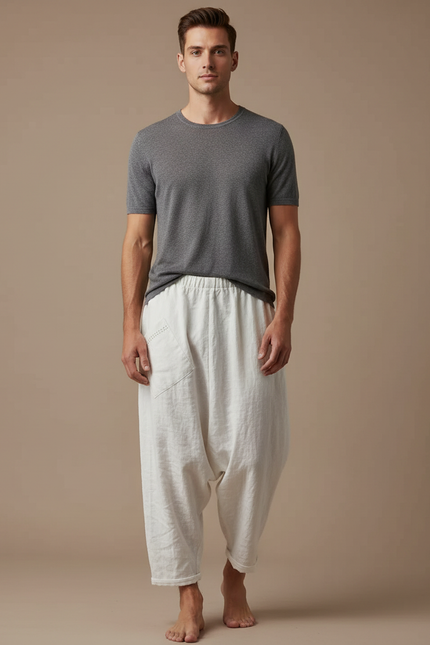 Pantalon Fluide Lin Ample Décontracté Homme Clair - Blanc