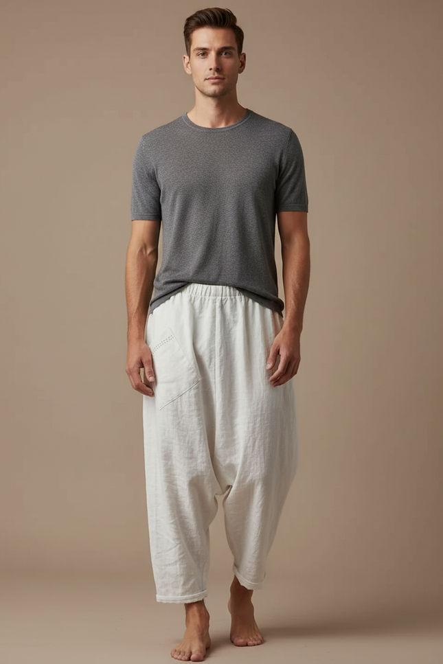 Pantalon Fluide Lin Ample Décontracté Homme Clair - Blanc