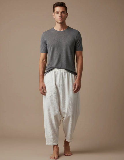 Pantalon Fluide Lin Ample Décontracté Homme Clair - Blanc