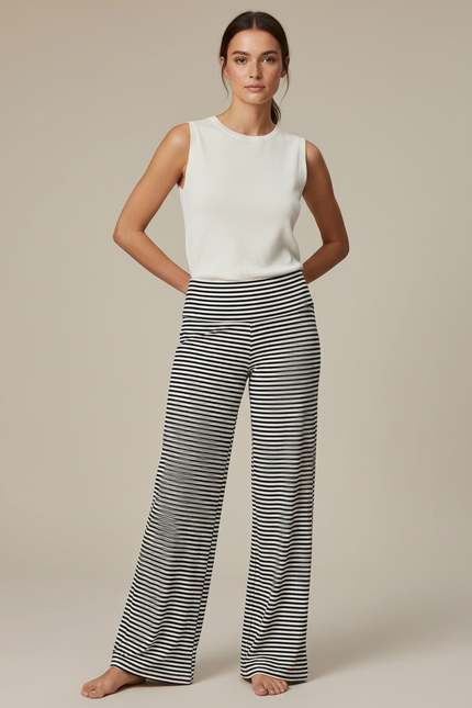 Pantalon Fluide Rayé Noir Blanc Ample Décontracté - Multicolore Maille