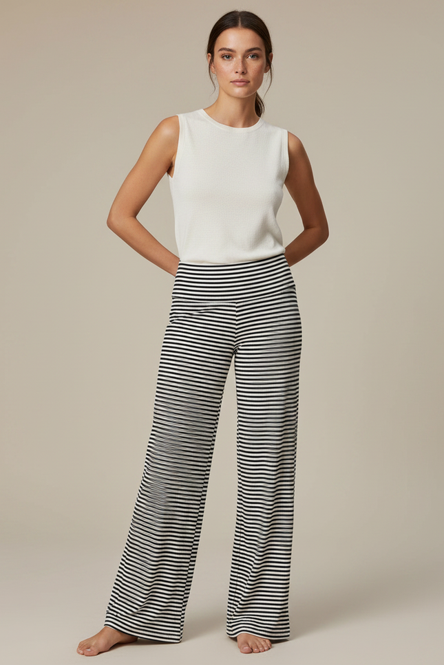Pantalon Fluide Rayé Noir Blanc Ample Décontracté - Multicolore Maille