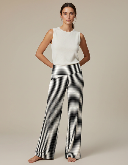 Pantalon Fluide Rayé Noir Blanc Ample Décontracté - Multicolore Maille