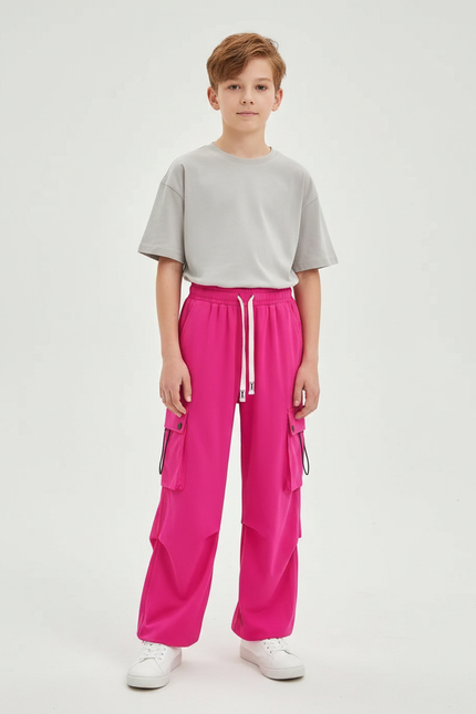 Pantalon Fluide Cargo Rose Vif Ample Enfant Streetwear - Polyester