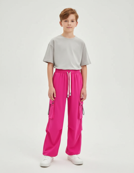 Pantalon Fluide Cargo Rose Vif Ample Enfant Streetwear - Polyester