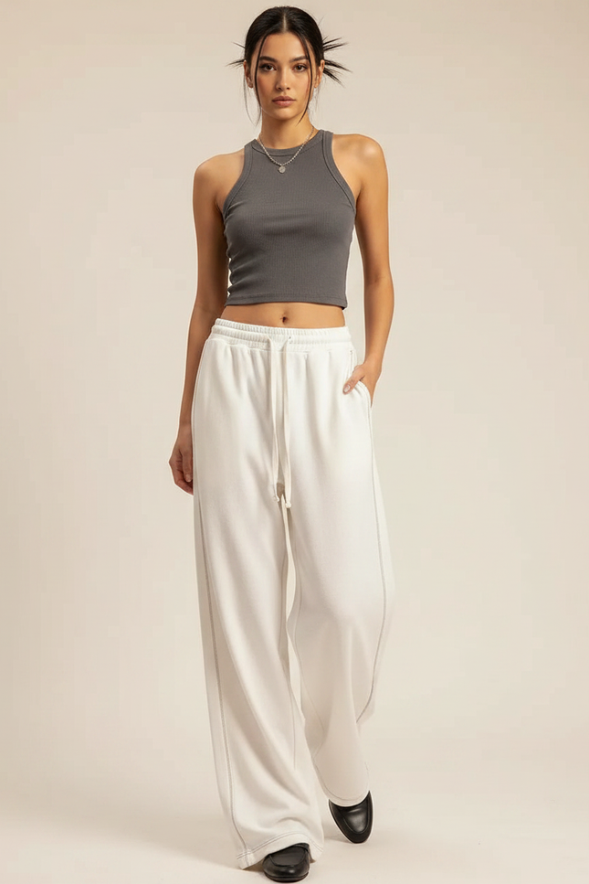 Pantalon Fluide Blanc Ample Décontracté Confortable Femme - Molleton