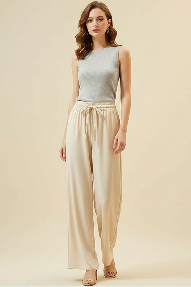 Pantalon Fluide Beige Cordon Ample Droit Élégant - Viscose