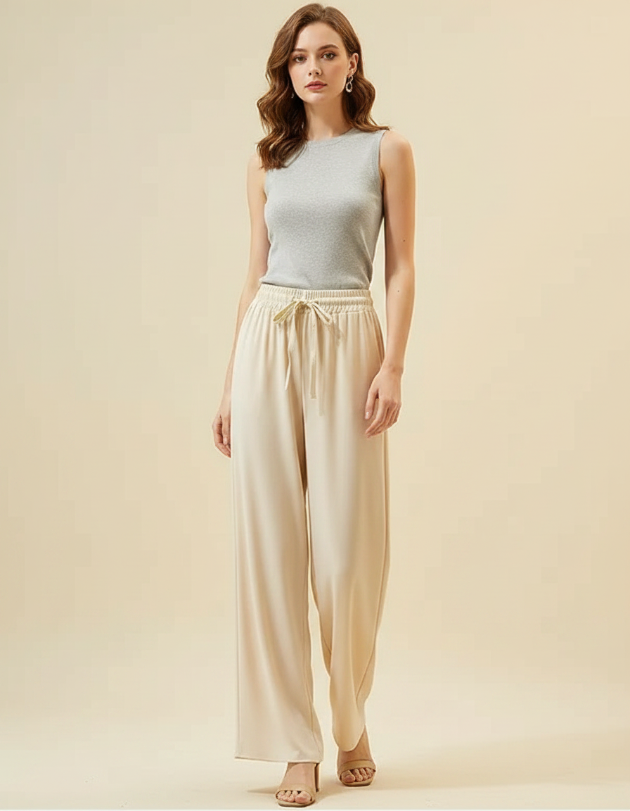 Pantalon Fluide Beige Cordon Ample Droit Élégant - Viscose