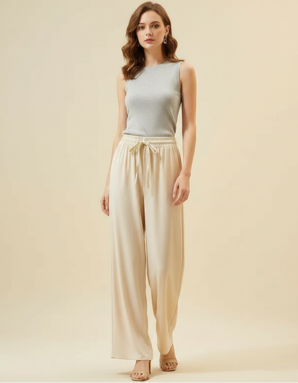 Pantalon Fluide Beige Cordon Ample Droit Élégant - Viscose