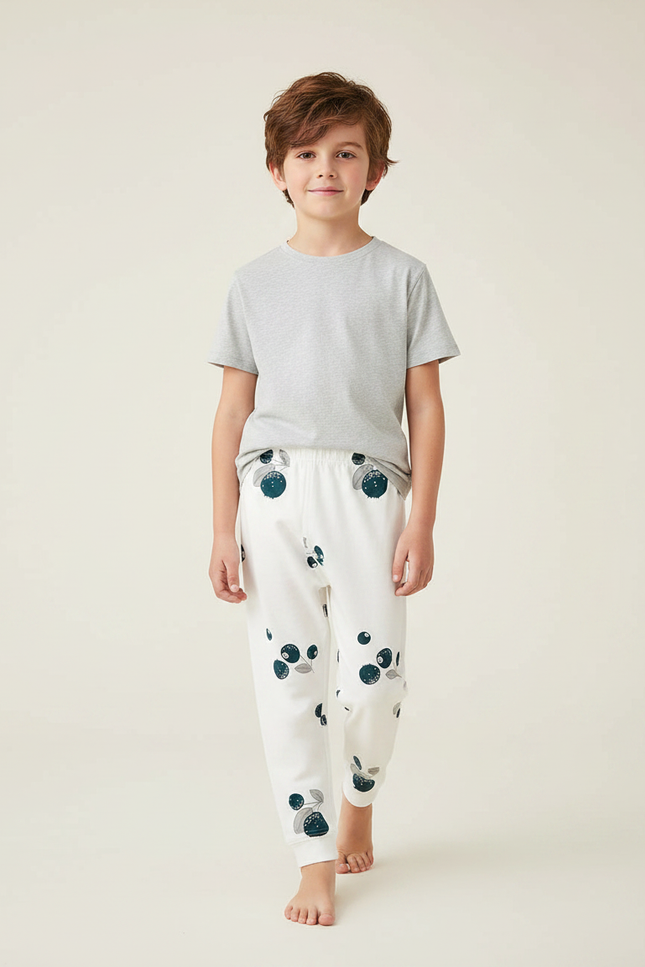 Pantalon Fluide Blanc Coton Imprimé Myrtille Élastique Enfant - Molleton