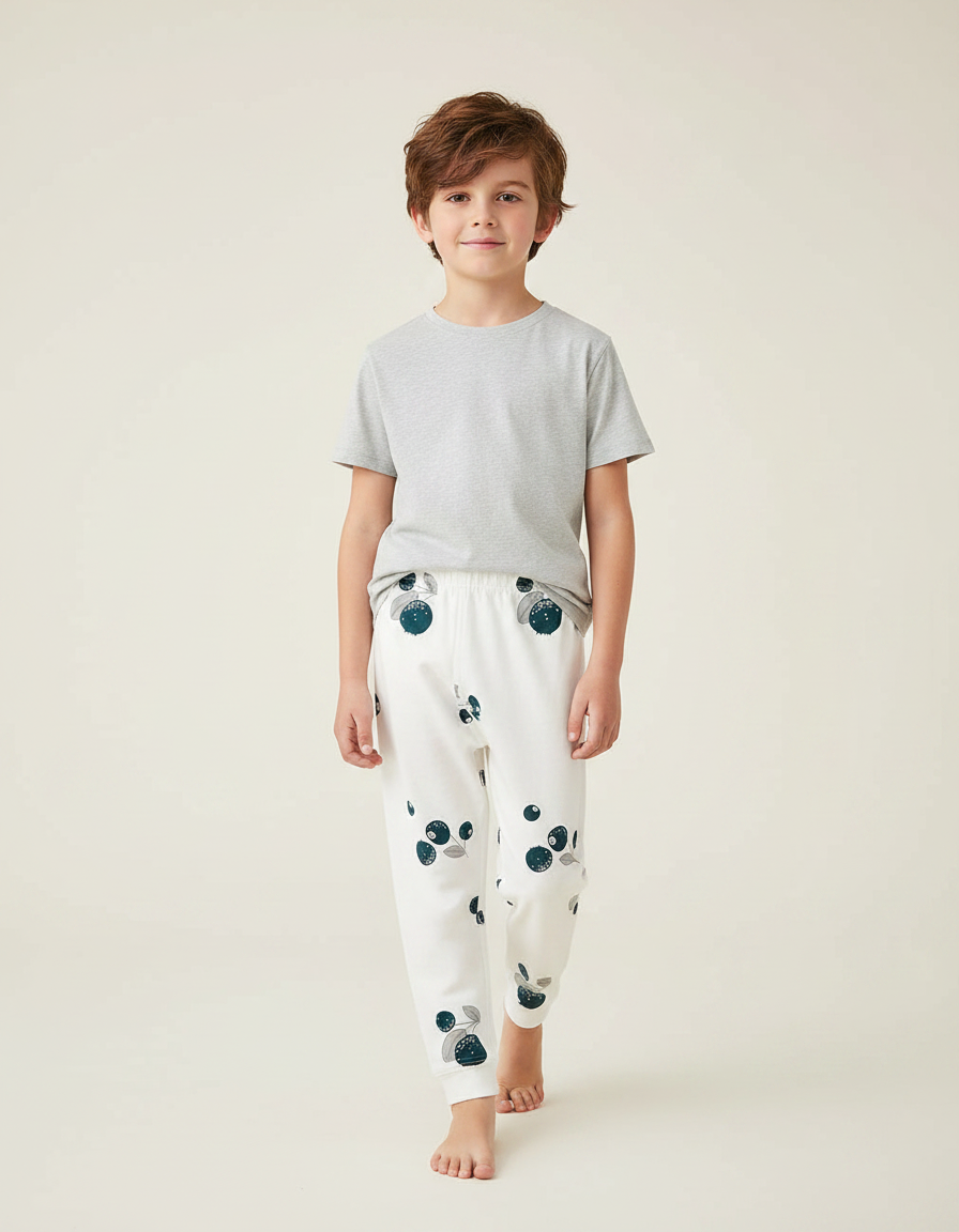 Pantalon Fluide Blanc Coton Imprimé Myrtille Élastique Enfant - Molleton
