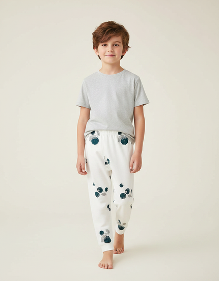 Pantalon Fluide Blanc Coton Imprimé Myrtille Élastique Enfant - Molleton