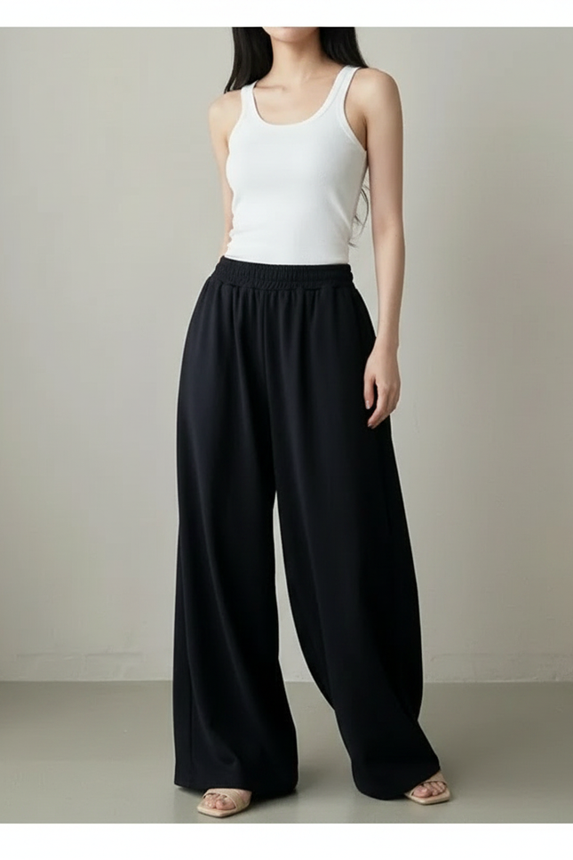 Pantalon Fluide Noir Ample Confortable Décontracté Femme - Viscose