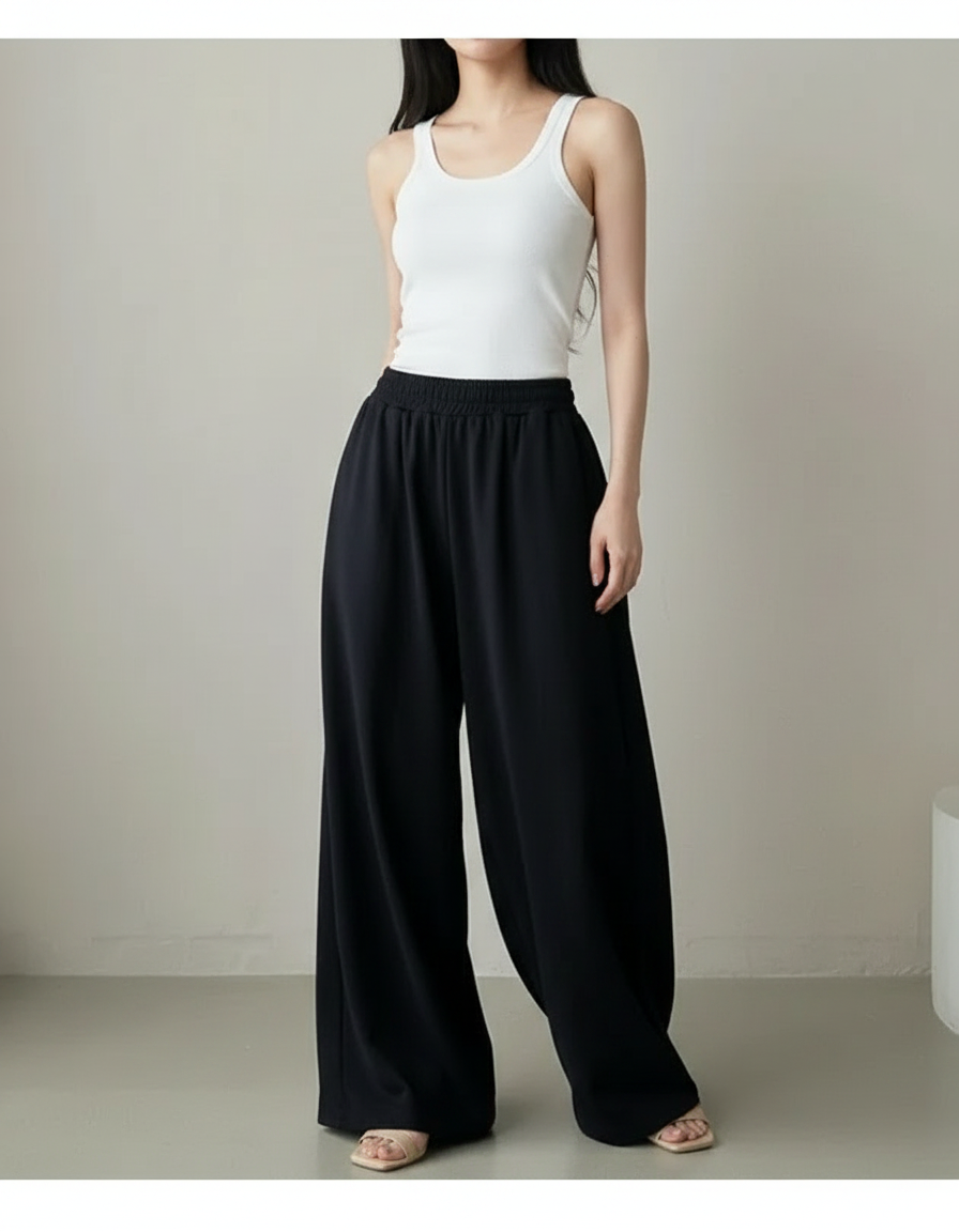 Pantalon Fluide Noir Ample Confortable Décontracté Femme - Viscose