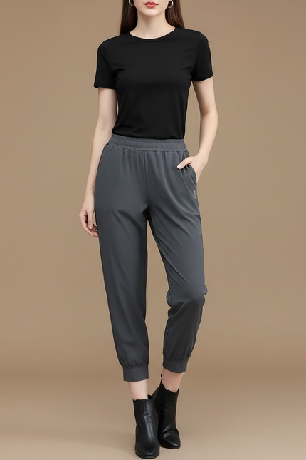 Pantalon Fluide Gris Cheville Élastique Sport Décontracté - Polyester