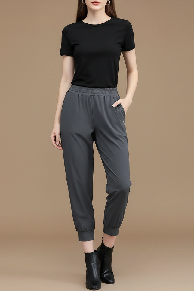 Pantalon Fluide Gris Cheville Élastique Sport Décontracté - Polyester