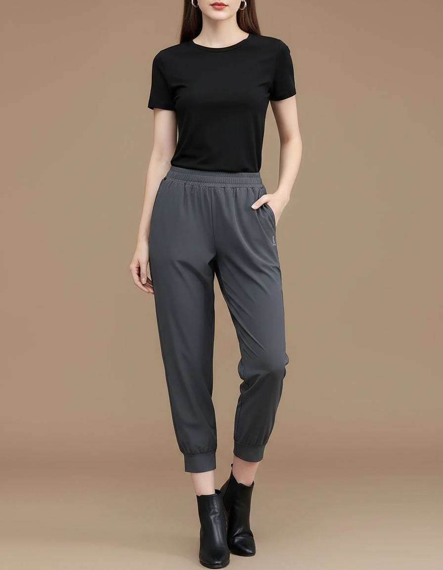 Pantalon Fluide Gris Cheville Élastique Sport Décontracté - Polyester