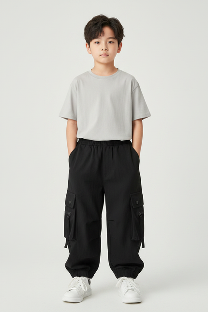 Pantalon Fluide Noir Ample Cargo Sport Enfant - Polyester