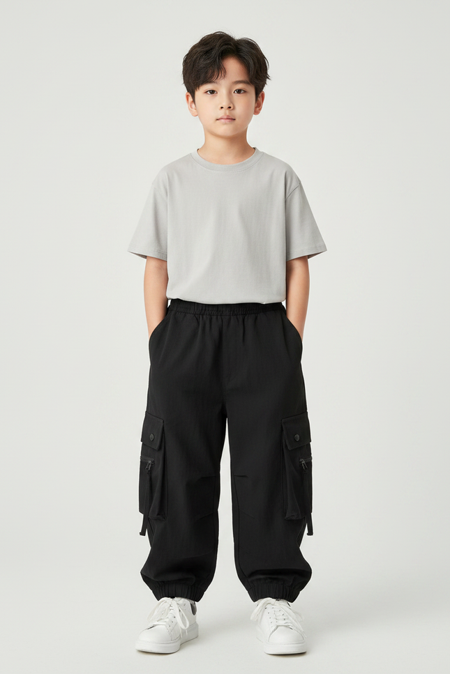 Pantalon Fluide Noir Ample Cargo Sport Enfant - Polyester