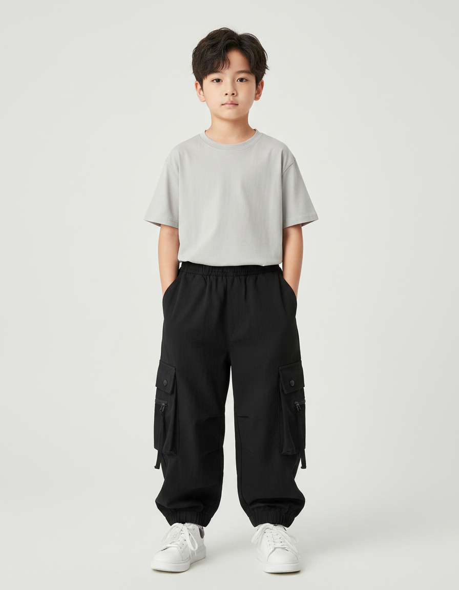 Pantalon Fluide Noir Ample Cargo Sport Enfant - Polyester