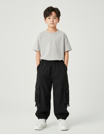 Pantalon Fluide Noir Ample Cargo Sport Enfant - Polyester