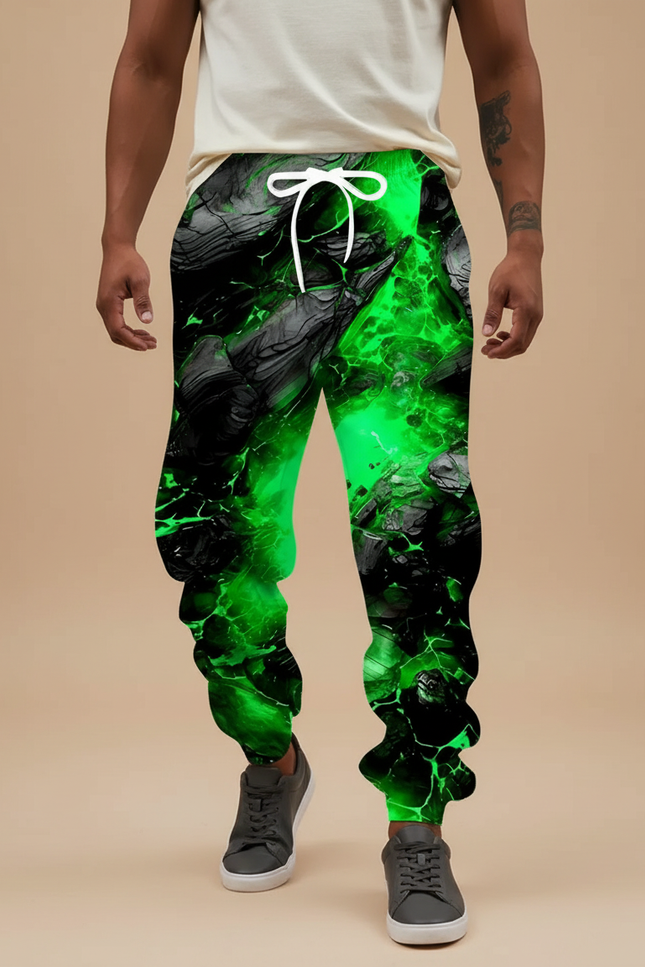Pantalon Fluide Vert Éclatant Noir Imprimé Décontracté Homme - Molleton