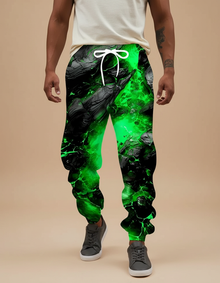 Pantalon Fluide Vert Éclatant Noir Imprimé Décontracté Homme - Molleton