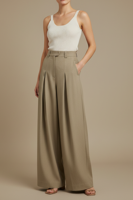 Pantalon Fluide Beige Plissé Ample Chic Élégant - Kaki Gabardine