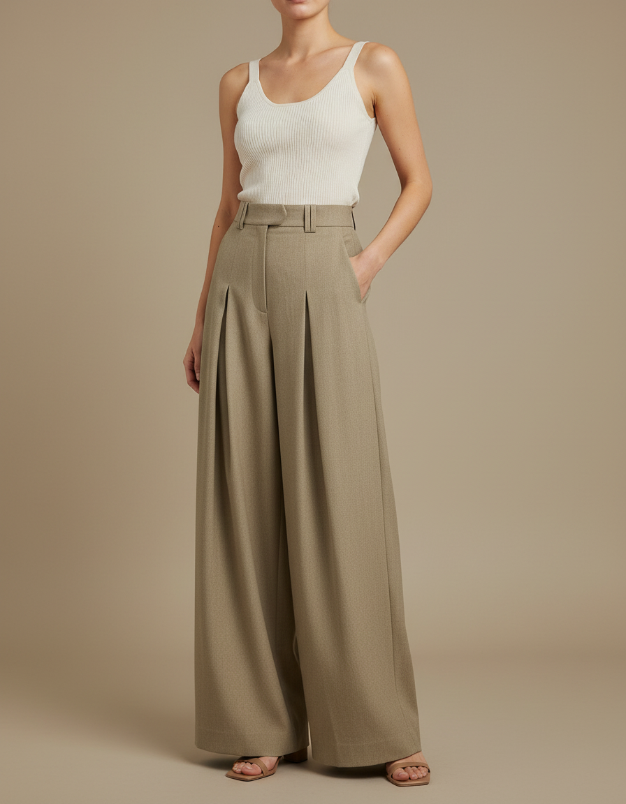 Pantalon Fluide Beige Plissé Ample Chic Élégant - Kaki Gabardine