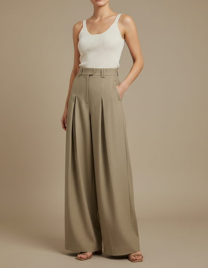 Pantalon Fluide Beige Plissé Ample Chic Élégant - Kaki Gabardine