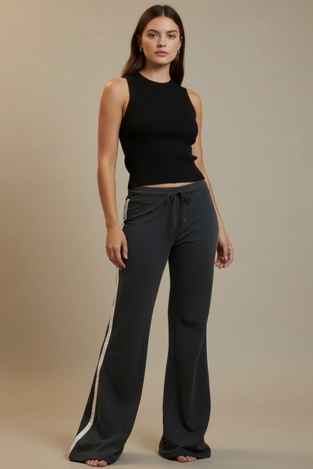 Pantalon Fluide Noir Ample Rayures Blanches Sport Chic - Molleton