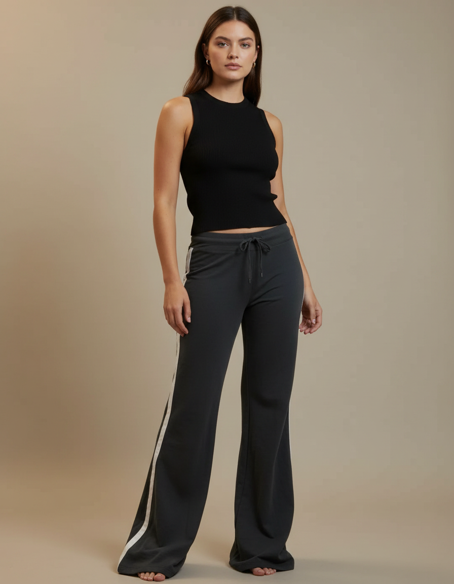 Pantalon Fluide Noir Ample Rayures Blanches Sport Chic - Molleton