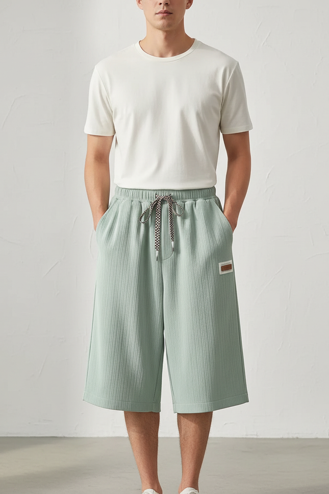 Pantalon Fluide Vert Menthe Plissé Ample Décontracté Homme - Maille