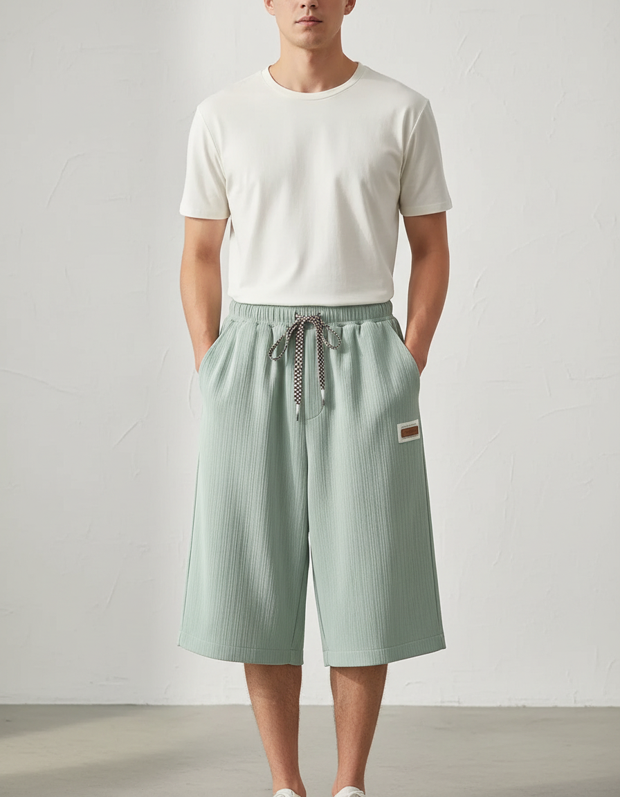 Pantalon Fluide Vert Menthe Plissé Ample Décontracté Homme - Maille