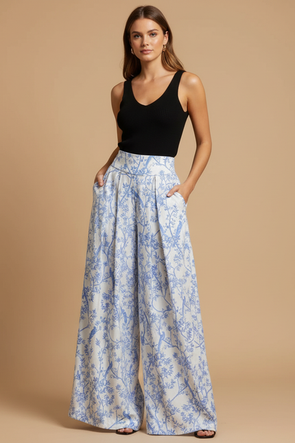 Pantalon Fluide Blanc Bleu Imprimé Floral Ample - Lin