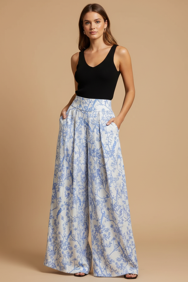 Pantalon Fluide Blanc Bleu Imprimé Floral Ample - Lin