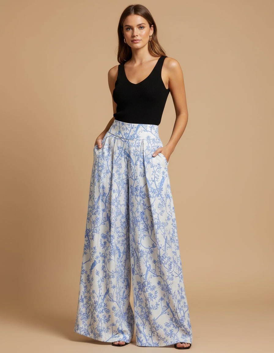 Pantalon Fluide Blanc Bleu Imprimé Floral Ample - Lin