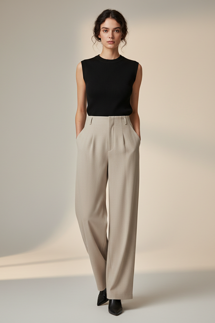 Pantalon Fluide Beige Ample Taille Haute Droit Élégant - Polyester