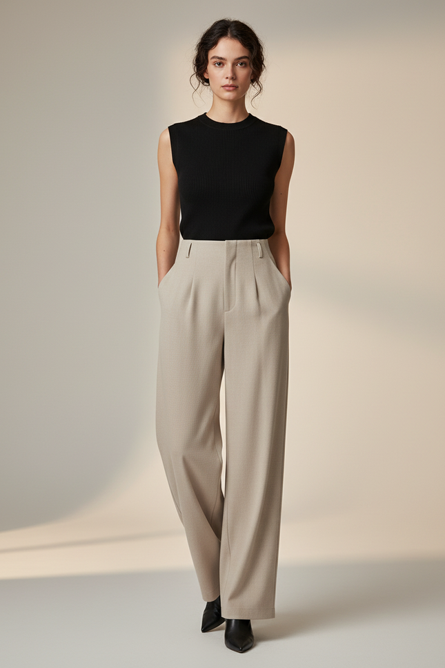 Pantalon Fluide Beige Ample Taille Haute Droit Élégant - Polyester