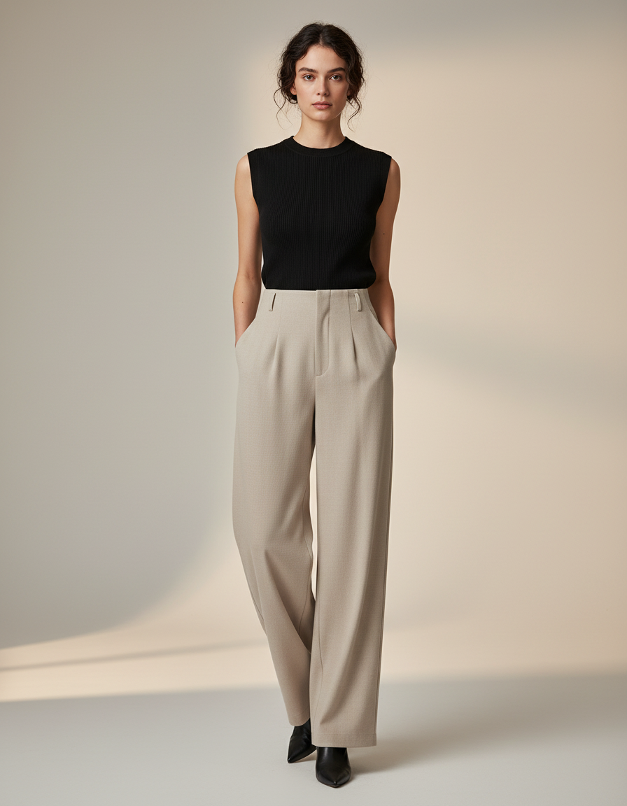 Pantalon Fluide Beige Ample Taille Haute Droit Élégant - Polyester