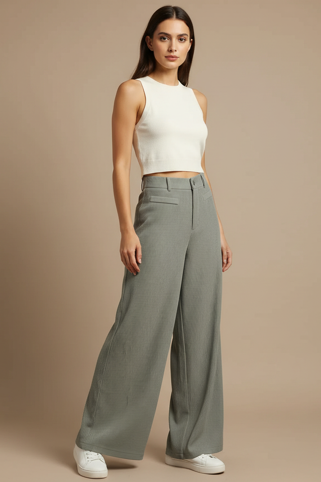 Pantalon Fluide Vert Ample Côtelé Décontracté - Cordé