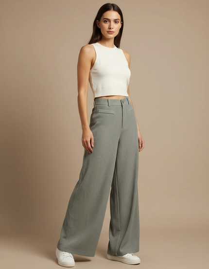 Pantalon Fluide Vert Ample Côtelé Décontracté - Cordé