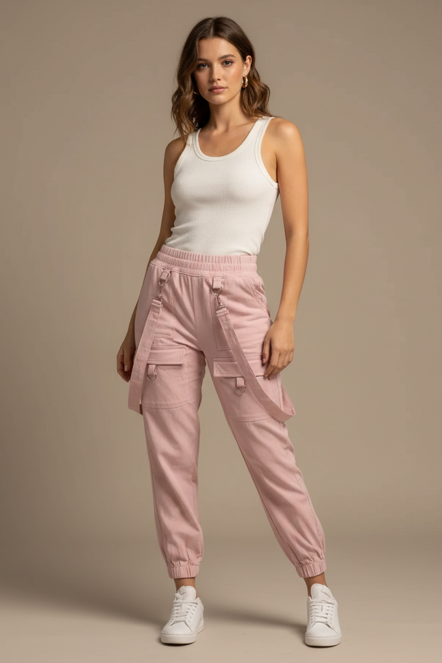Pantalon Fluide Rose Cargo Bretelles Taille Haute Décontracté - Coton